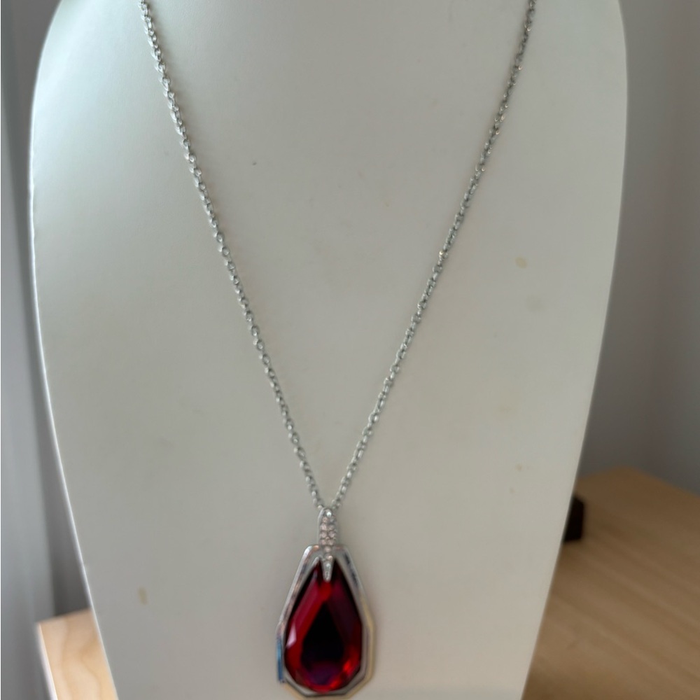 Large red pendant necklace/ silver tone chain/ measures 36 in length - Picture 2 of 14